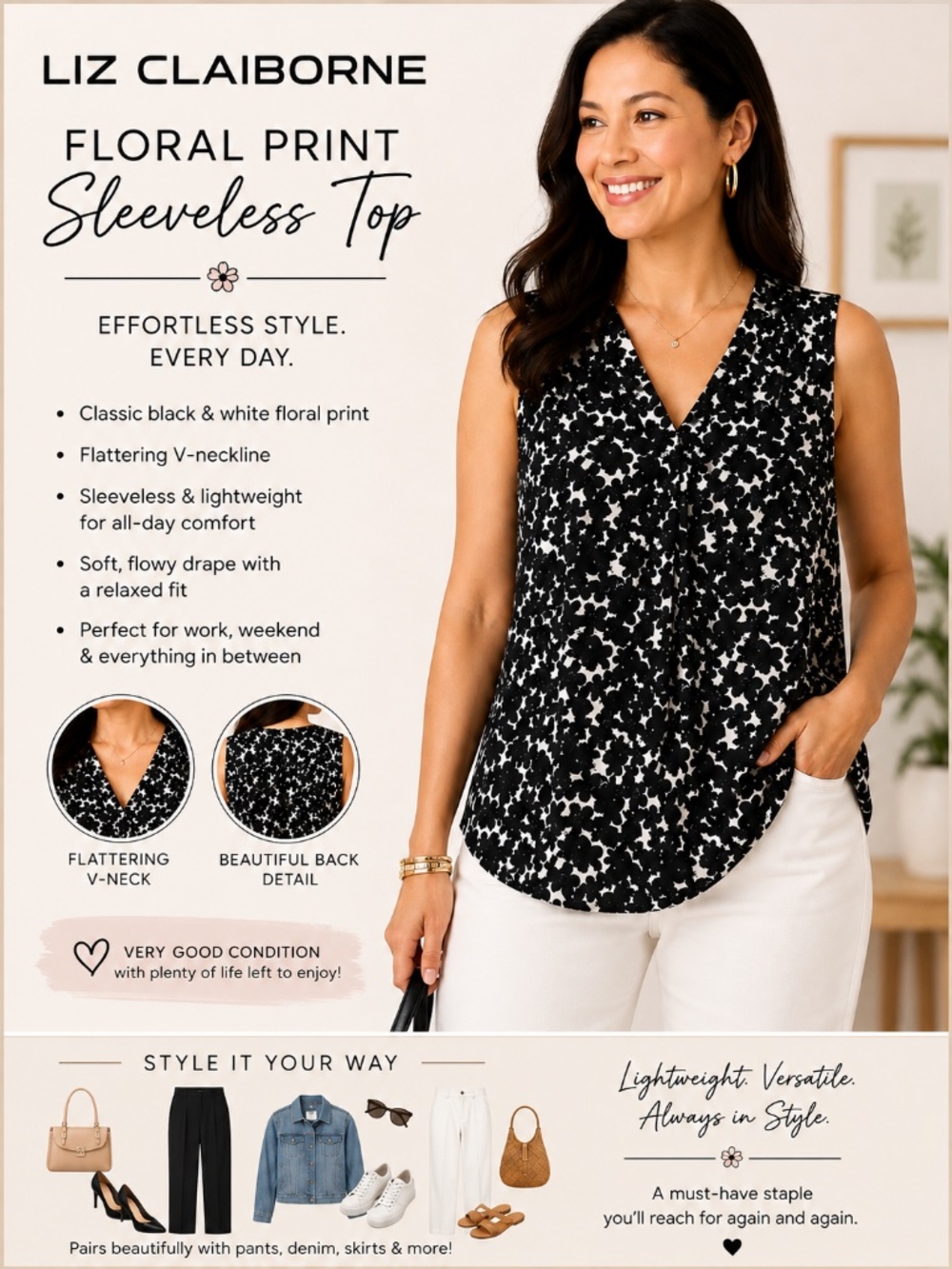 Liz Claiborne Black & White Floral Sleeveless Blouse Size M